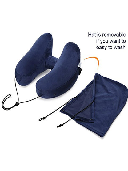 Inflatable U-Shaped Travel Neck Pillow with Hood