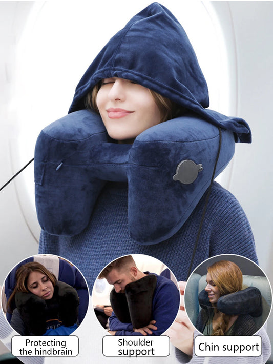Inflatable U-Shaped Travel Neck Pillow with Hood