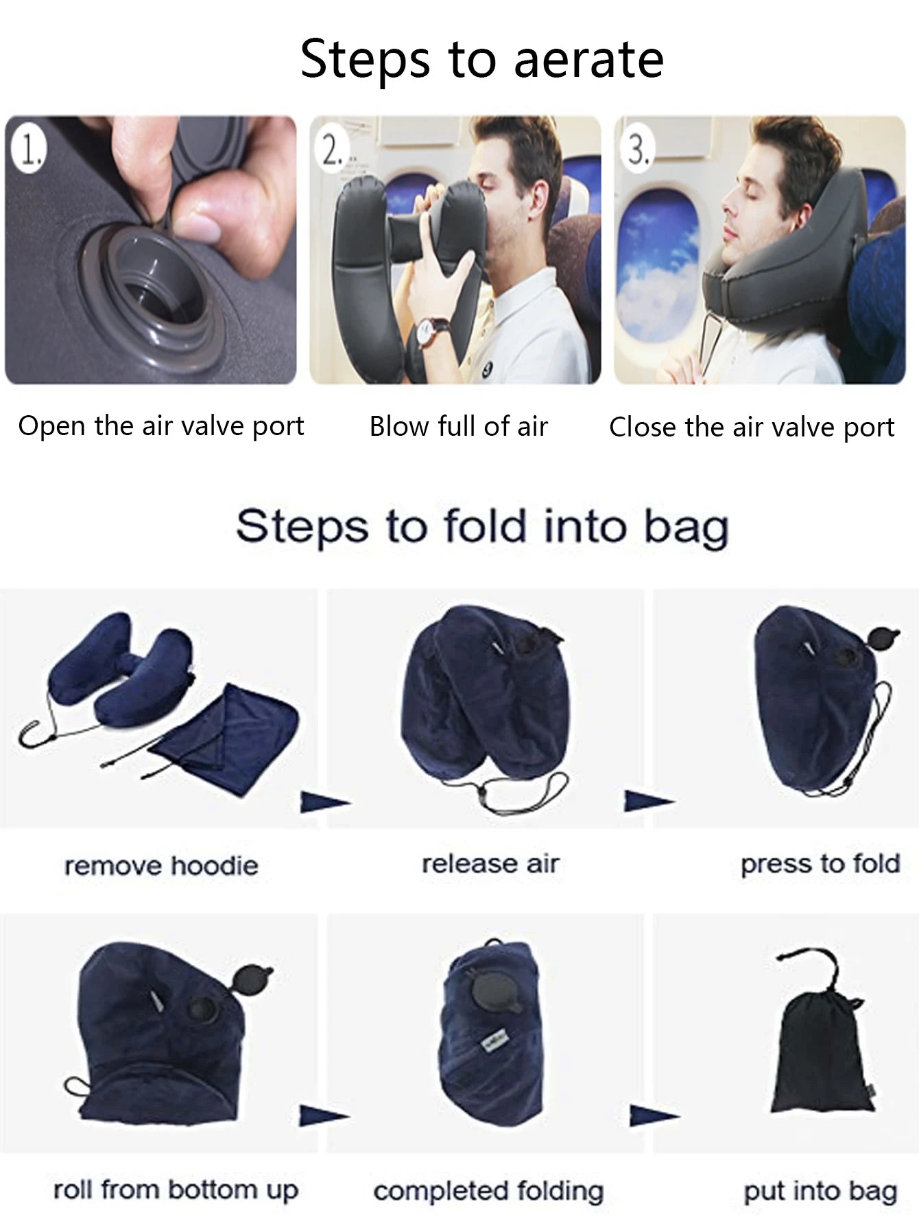 Inflatable U-Shaped Travel Neck Pillow with Hood